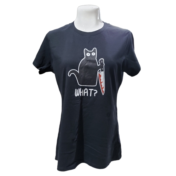 NEW WOMEN'S CAT WHAT FUNNY BLACK T-SHIRT SIZE SMALL - Picture 3 of 5